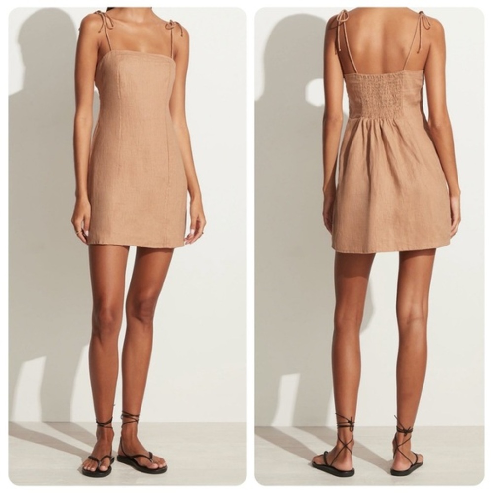 Faithfull the Brand Ysla Linen Smocked Back Shoulder Tie Dress in Hazelnut Sz 6 - Picture 4 of 14